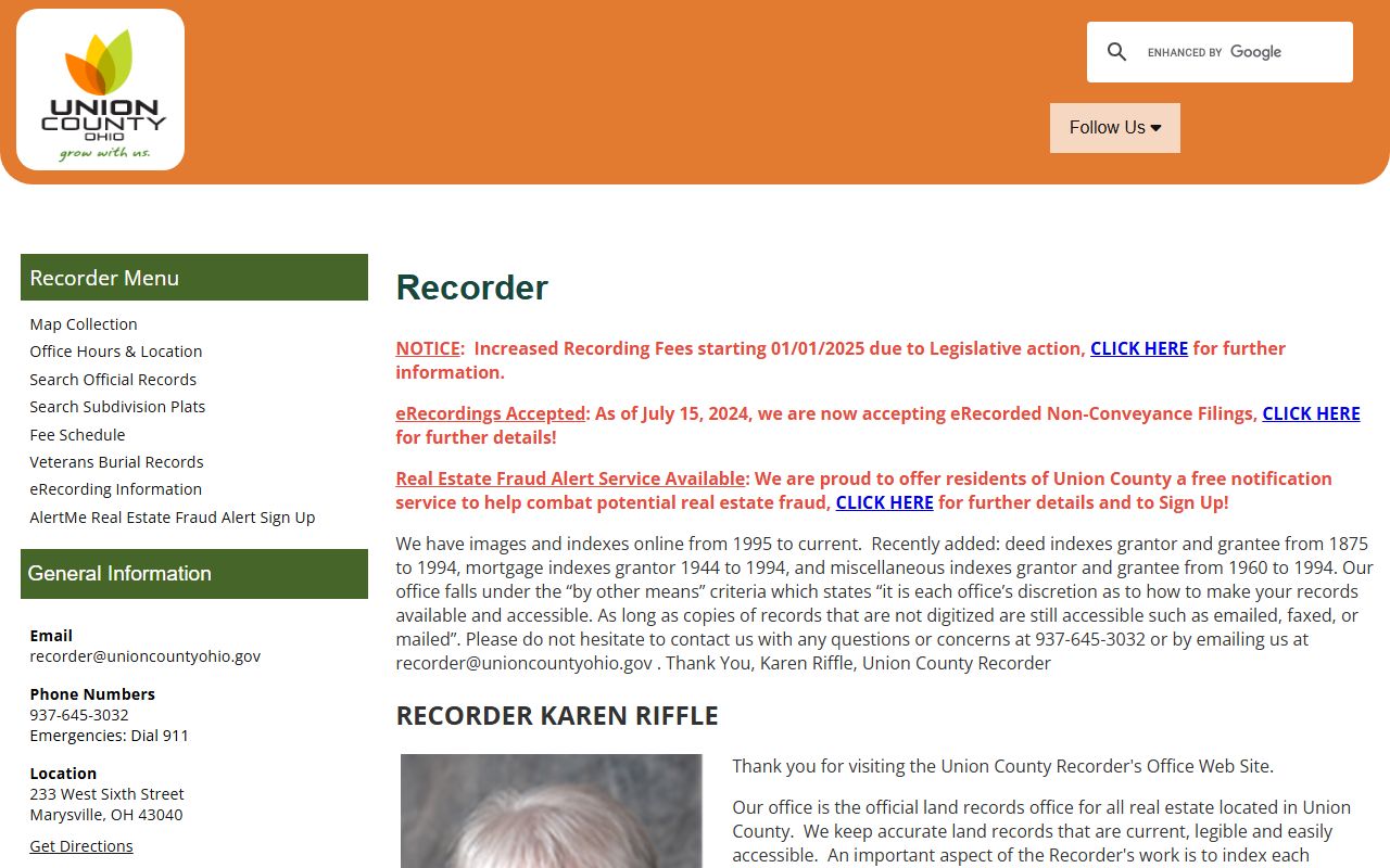 Union County Recorder office for Union County genealogy records