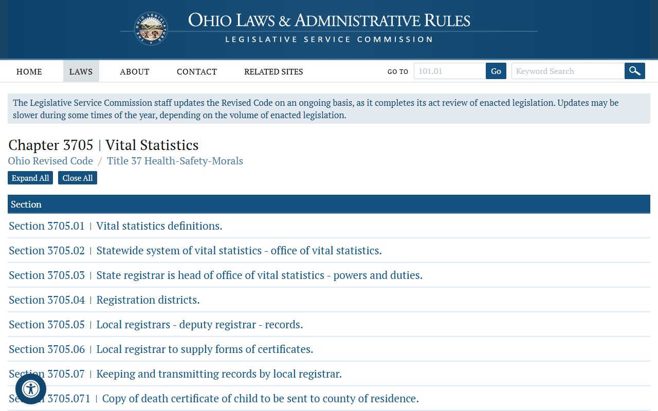 Ohio Revised Code Chapter 3705 vital statistics for genealogy research